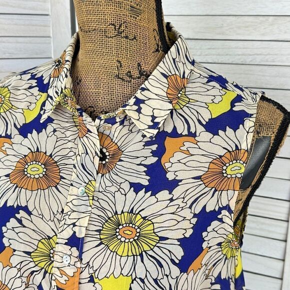 H&M Floral Chiffon Sleeveless Button Front Tunic Shirt Blue Cream Size 6 - Picture 4 of 10